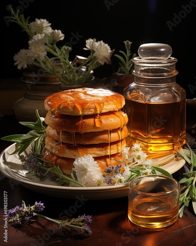 A delectable tower of fluffy pancakes adorned with syrup sits upon a table, surrounded by a variety of drinks and elegant tableware, adding to the cozy ambiance of the indoor setting, while a vibrant photo