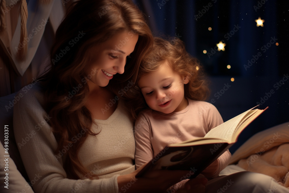 mother and child reading book, good night mother and child reading book, good night