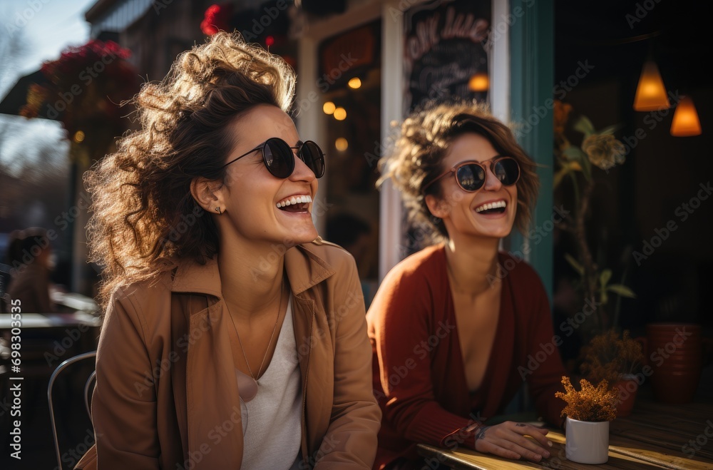 Two stylish women share a joyous moment over lunch, their faces adorned with sunglasses and smiles, as they sit outside a trendy restaurant on a bustling street, exuding confidence and fashion sense