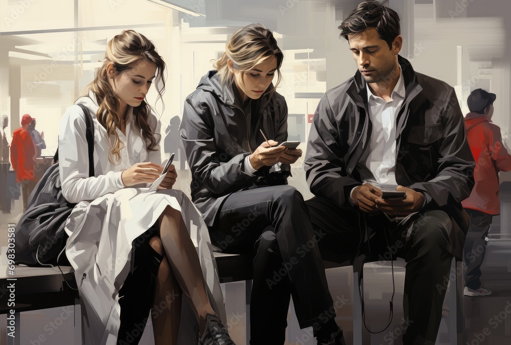 A diverse group of individuals, dressed in stylish jackets and jeans, sit on a bench indoors, engrossed in their phones while their human faces remain hidden, showcasing the disconnect and reliance o A diverse group of individuals, dressed in stylish jackets and jeans, sit on a bench indoors, engrossed in their phones while their human faces remain hidden, showcasing the disconnect and reliance o