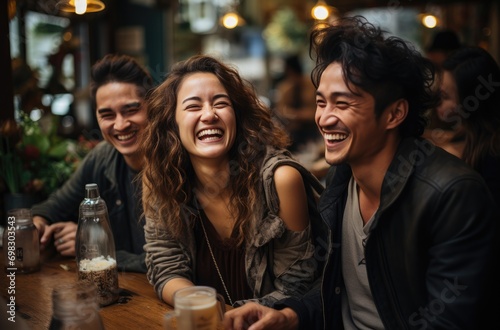 A diverse group of friends share joyful moments over coffee  their beaming faces and stylish clothing reflecting the warmth and camaraderie of their indoor restaurant gathering