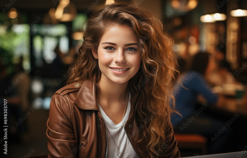 A confident woman with long, layered brown hair and a warm smile looks directly at the camera, radiating joy and grace in her indoor setting A confident woman with long, layered brown hair and a warm smile looks directly at the camera, radiating joy and grace in her indoor setting