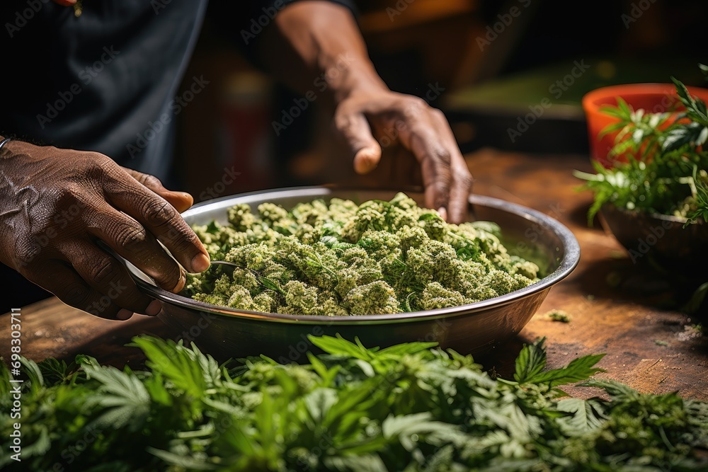 A person carefully holds a bowl of fresh, nutrient-packed food, brimming with vibrant herbs, leafy vegetables, and hearty legumes, all cut and prepared with care in the comfort of their own indoor sp
