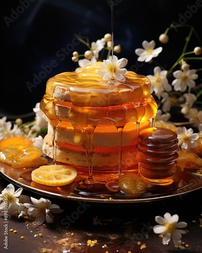 A mouthwatering stack of fluffy pancakes topped with drizzled honey and delicate flowers sits elegantly on a glass table surrounded by indoor plants, tempting you to indulge in this delectable desser