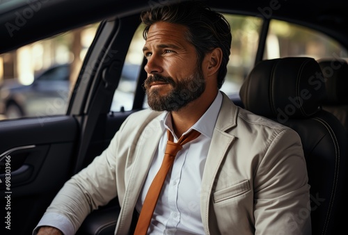 A distinguished man in a crisp suit and tie stands confidently beside his sleek car, his well-groomed beard framing his stoic expression as he commands attention with his refined sense of style © LifeMedia