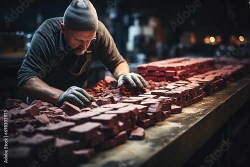 A determined butcher dressed in rugged clothing carefully crafts a sturdy brick wall, representing the strength and resilience of the food industry