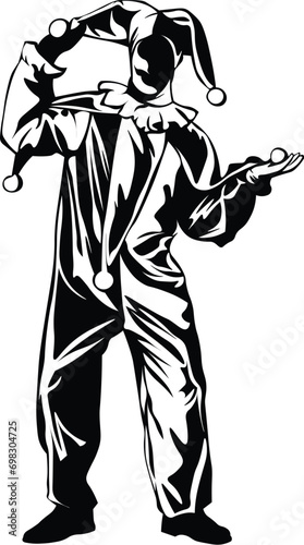 Cartoon Black and White Isolated Illustration Vector Of A Court Jester Clown