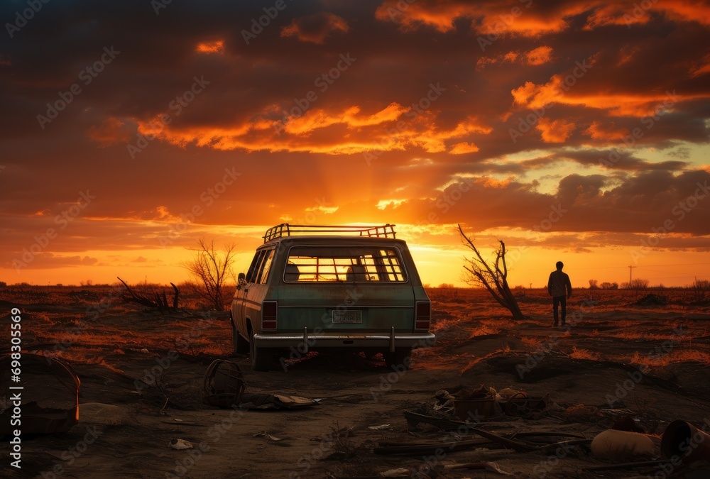 Obraz premium As the sun rises and sets on the horizon, a lone man stands in the vast desert, his trusty van parked beside him, a symbol of his endless journey across the rugged terrain