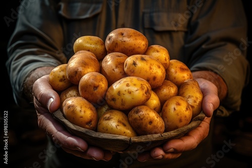 A market-goer proudly holds a bowl of locally-sourced potatoes, symbolizing the nourishment and simplicity of whole, natural foods in an outdoor setting