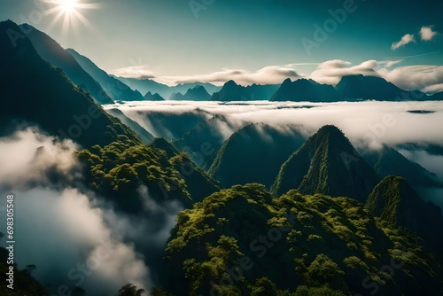 Fog and cloud mountain tropic valley landscape. aerial view