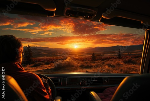 A person watches the sun rise over the mountains from inside their car, the sky painted with hues of orange and pink as they journey through the great outdoors