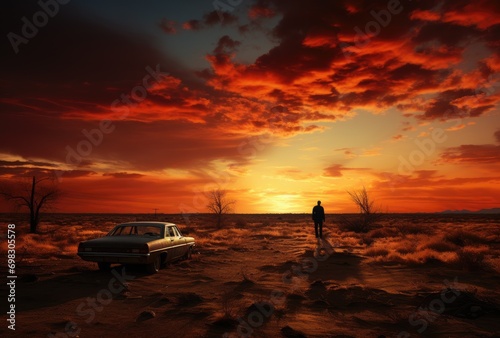 As the sun sets on the horizon  a lone figure stands in the vast desert landscape  his car parked beside him as the afterglow paints the sky in a stunning display of nature s beauty