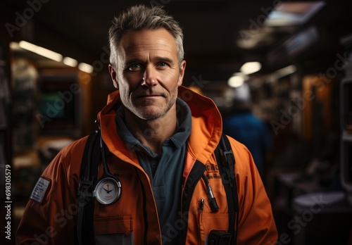 A rugged man with a full beard stands confidently on a bustling street corner, his vibrant orange jacket adding a pop of color to the urban landscape photo