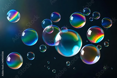 Set of realistic transparent colorful soap bubbles with rainbow reflection isolated on solid background- photo
