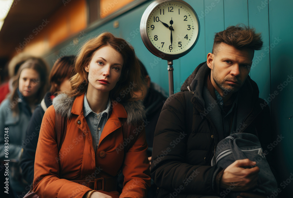 As the train rattled on, a woman sat beside a man, their faces illuminated by the soft glow of a clock, both clad in worn jackets, surrounded by a mix of strangers and the passing landscape, encapsul - obrazy, fototapety, plakaty 