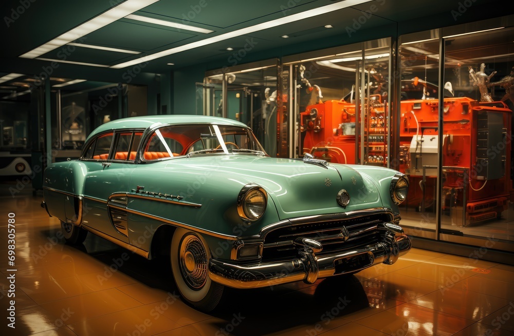 A vintage hardtop car sits in an indoor room, its wheels frozen in time as it stands out against the ceiling and floor