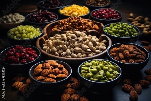 A colorful array of locally-sourced nuts and legumes  bursting with nutrition and flavor  invites you to savor the beauty and abundance of natural  whole foods at a bustling indoor market