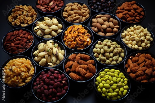 A colorful assortment of locally-sourced nuts, dried fruits, and legumes, displayed in various bowls, showcasing the vibrant flavors and health benefits of whole, natural foods for a satisfying and g