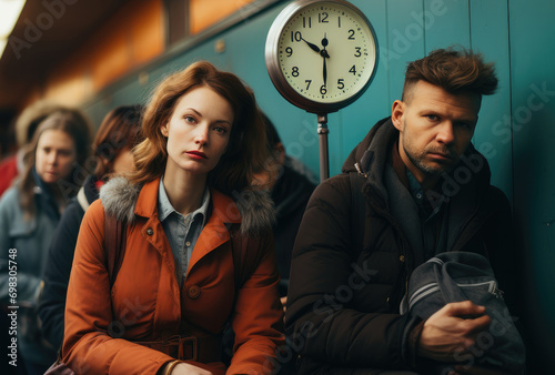 As the train rattled on, a woman sat beside a man, their faces illuminated by the soft glow of a clock, both clad in worn jackets, surrounded by a mix of strangers and the passing landscape, encapsul photo