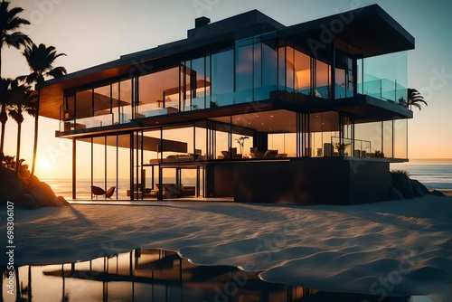 Beautiful glass home on an ocean beach at sunset. Luxury house- © Malik