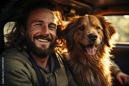 Portrait of a man and a dog in a car