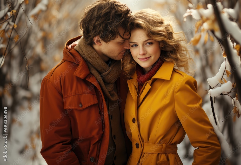 Portrait of young man and woman hugging in winter forest Portrait of young man and woman hugging in winter forest