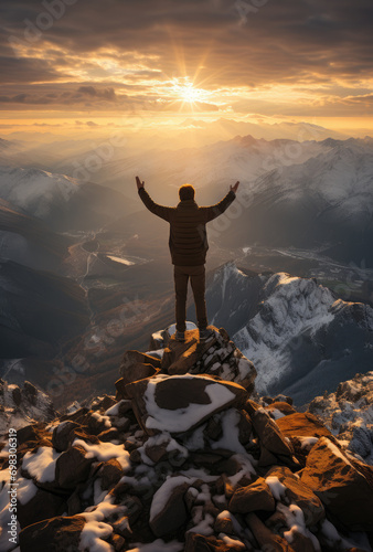 A triumphant hiker embraces the ethereal beauty of the mountain, surrounded by a majestic winter landscape as the sun rises and sets against a canvas of clouds and snow