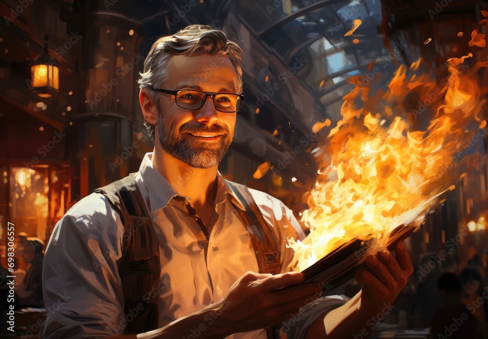 A man's fiery passion for knowledge ignites within him as he stands amidst the scorching flames of a factory, his human face reflecting the intense heat while holding a book that symbolizes his burni