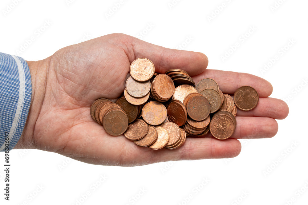 hand with many euro cent coins. concept handful of money. isolated white background hand with many euro cent coins. concept handful of money. isolated white background