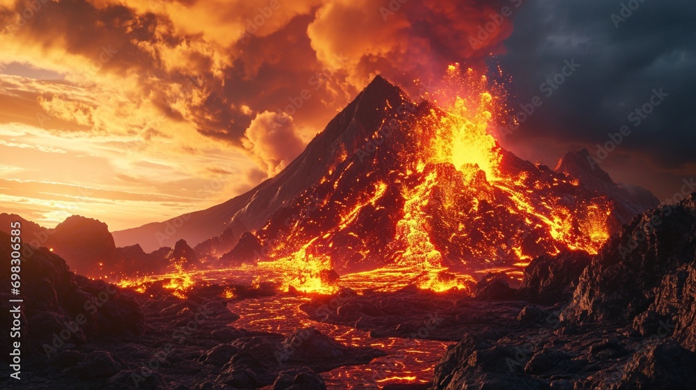 A fiery volcanic eruption with bright lava flows, explosive bursts, and a dramatic ash-filled sky, capturing the powerful beauty of nature.