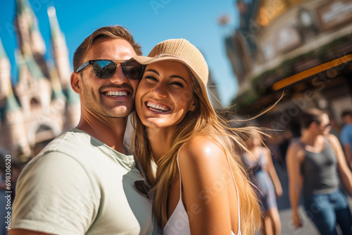 portrait of a happy smiling couple in the amusement park
