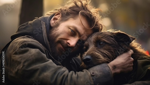 smiling homeless man with a dog on the street, sunny day