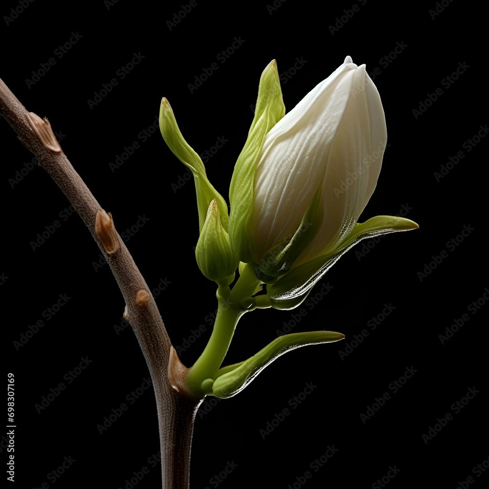 Obraz premium AI generated illustration of a white flower on a branch with green leaves
