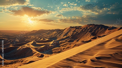 A majestic desert landscape at sunset, with towering sand dunes, warm golden hues, and a vast open sky, creating an awe-inspiring background.