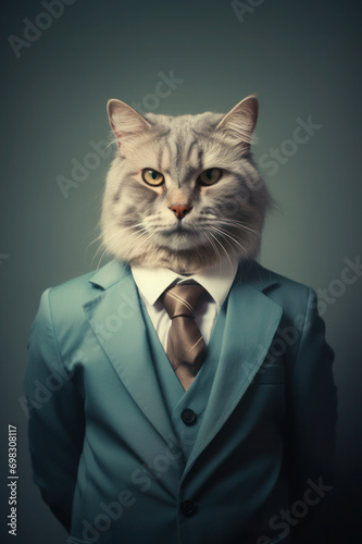Cat wearing human clothes, stylish businessman photo