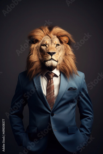 Lion wearing human clothes, stylish businessman