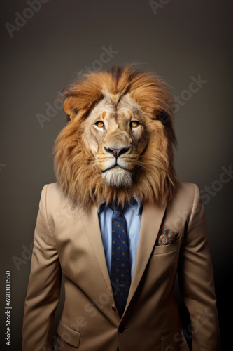 Lion wearing human clothes, stylish businessman