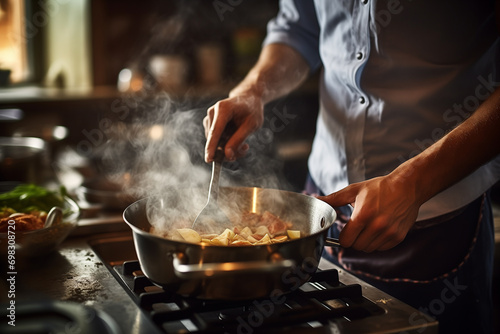 Man cooking on his stove in the kitchen at home photo