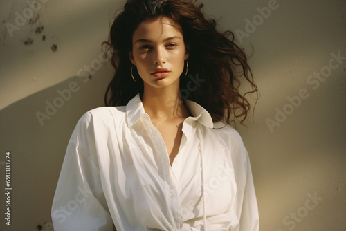 beautiful elegant young girl in a white shirt on the street 