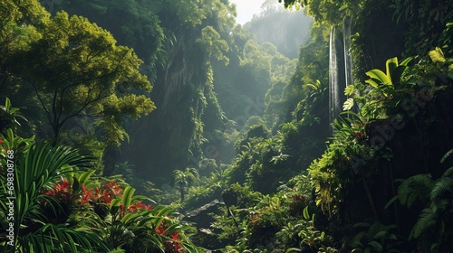 A panoramic view of a lush rainforest with towering trees, exotic wildlife, and a cascading waterfall, creating a natural and wild background.