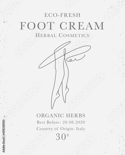 Customizable label of Foot Cream, Eco-fresh herbal woman cosmetics with feet line art. Modern packaging design collection for Pharmacy, healthy care