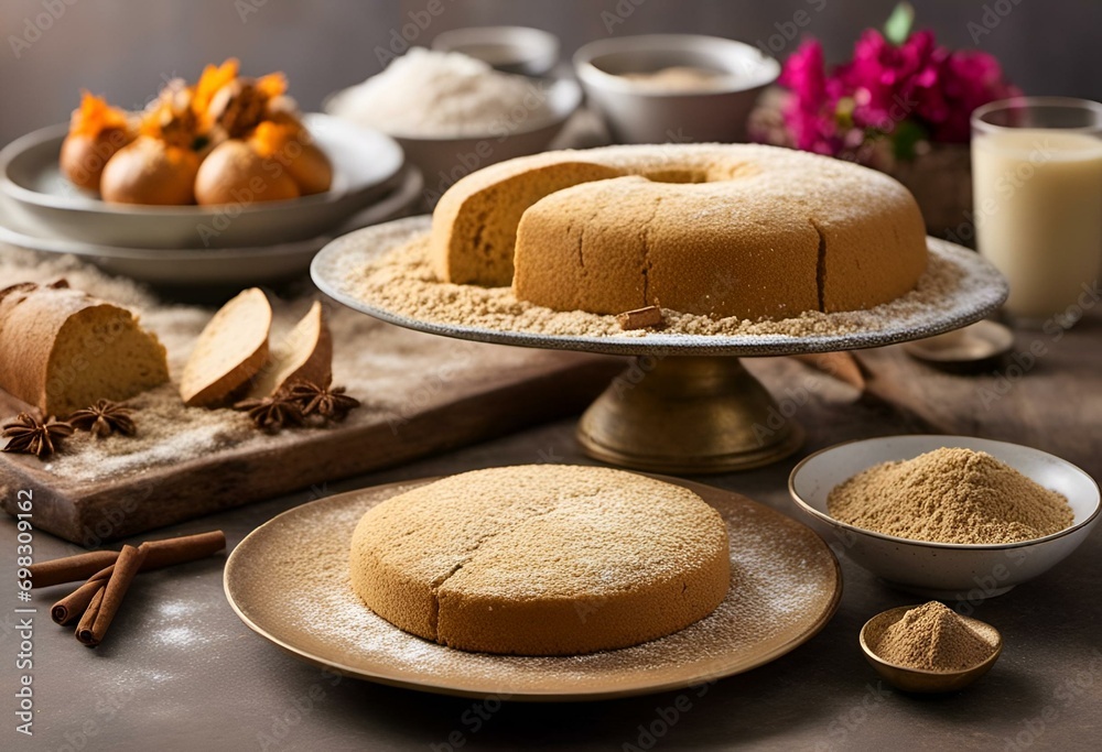 Fototapeta premium AI illustration of A freshly baked yellow cake with white frosting.