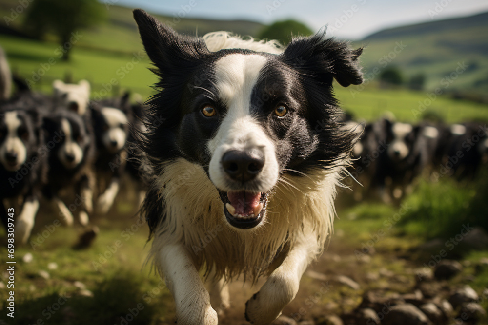 A dynamic action shot of a Border Collie herding sheep on a countryside background, illustrating the intelligence and working prowess of this agile and diligent canine breed.