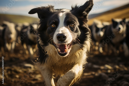 A dynamic action shot of a Border Collie herding sheep on a countryside background, illustrating the intelligence and working prowess of this agile and diligent canine breed.