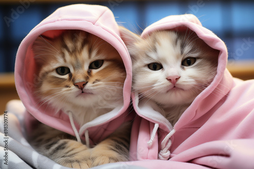 A pair of kittens dressed in adorable matching pajamas, snuggled up together on a bedtime-themed background, illustrating the cozy and endearing nature of feline companionship at r © Daria