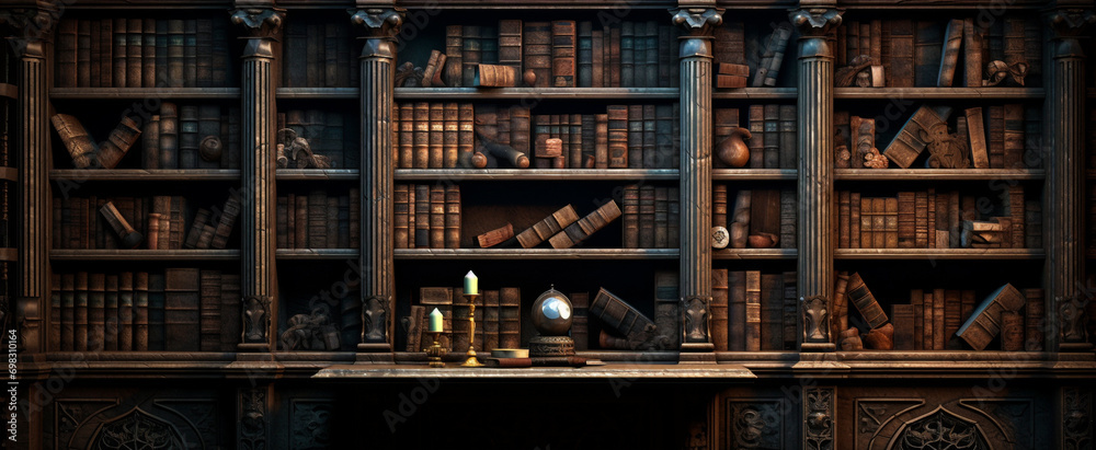 Ancient gothic library, dark and eerie library, magic medieval library full of old ancient books. Old wooden shelves holding many historical books and manuscripts. - obrazy, fototapety, plakaty 