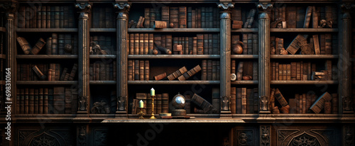 Ancient gothic library, dark and eerie library, magic medieval library full of old ancient books. Old wooden shelves holding many historical books and manuscripts.