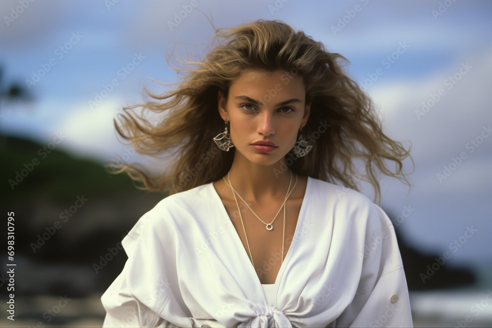 beautiful elegant young girl in a white shirt on the street 