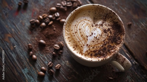 Coffee mug cup with foam heart shape wallpaper background