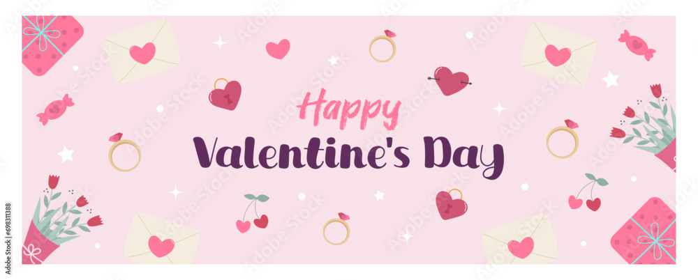 Romantic horizontal banner with text. Happy Valentine’s day illustration ideal for banners, backgrounds, social media. Greeting card with flowers, gifts, hearts, ring and other love elements. 